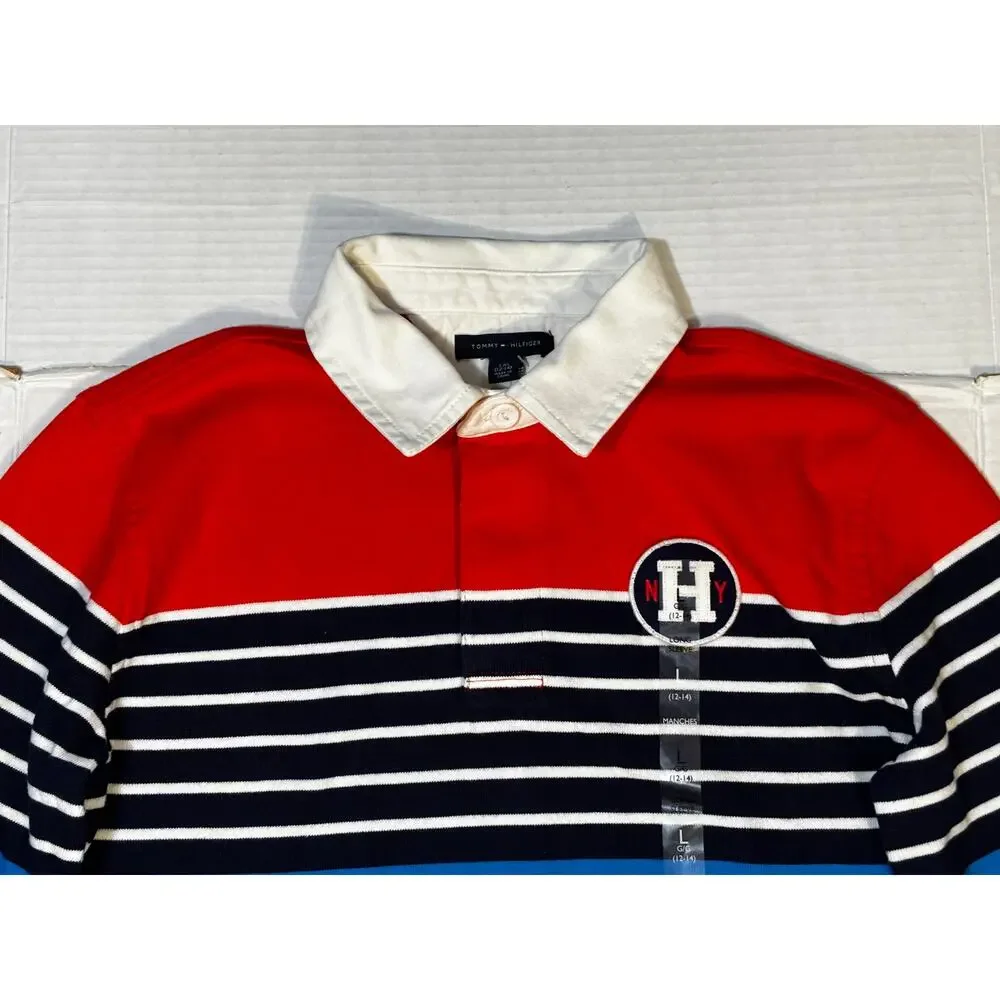 NWT  Tommy Hilfiger Boys L 12-14 Box-Kick Rugby Polo Colorblock Red  Blue2015